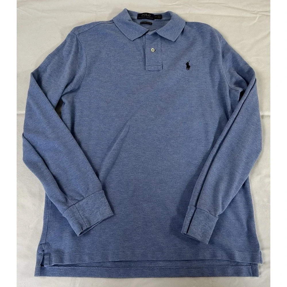 Polo Ralph Lauren Polo Shirt Men's Med Blue Long Sleeve Custom Fit 100% Cotton
